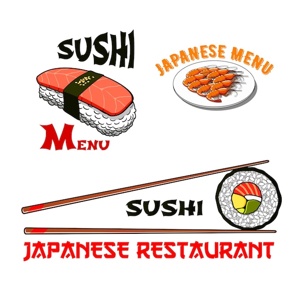 Wektorowe ikony dla japońskiej restauracji z owocami morza sushi