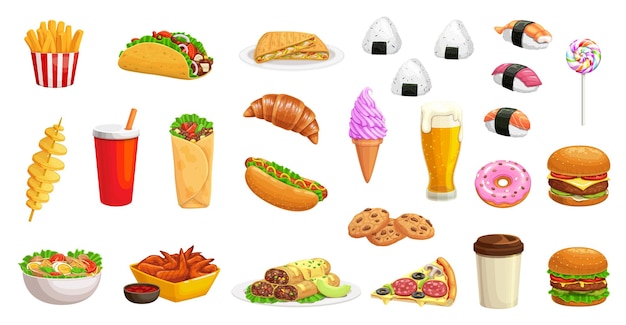 Wektorowe ikony fastfoodów, fast foodów, hamburgerów, napojów i pizzy, jęczmień lub fast food, kurczak i popcorn, przekąski, napoje gazowane lub kawa, burrito i sushi z lodami w menu fast foodów