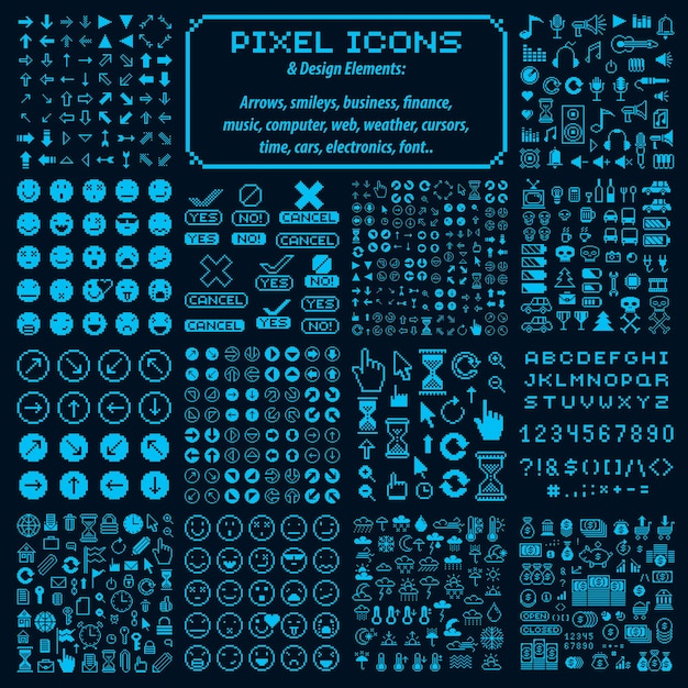 Wektorowe Ikony Pikseli Na Białym Tle, Kolekcja 8-bitowych Elementów Graficznych. Uproszczone Znaki Cyfrowe Wykonane W Koncepcjach Ekonomicznych, Biznesowych, Społecznych I Emocjonalnych.