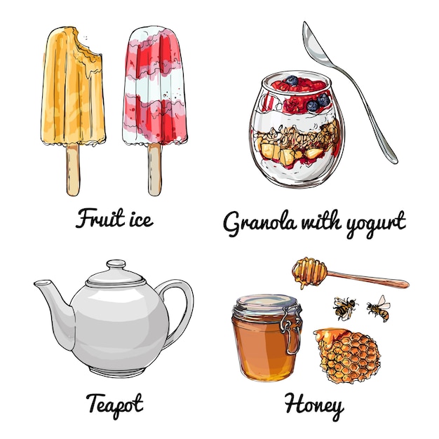 Wektorowe Ikony żywności Kolorowy Szkic Produktów Spożywczych Popsicles Lody Czajniczek Miód Jogurt I