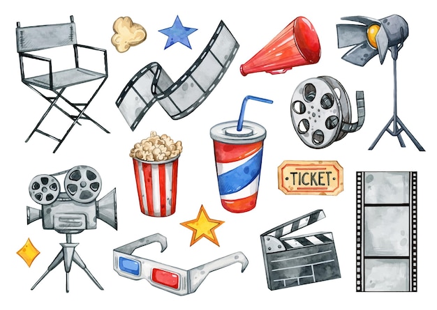 Wektorowe ilustracje akwarelowe bilety filmowe kino izolowane na białym tle
