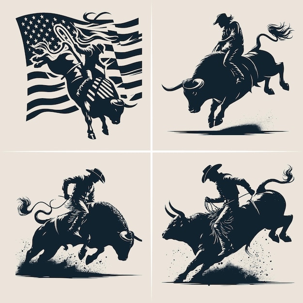 Plik wektorowy wektorowe sylwetki kowboja rodeo jeźdzącego na byku bull riding vector silhouette