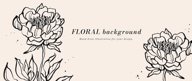 Wektorowe tło lub szkic banerowy z kwiatami pioni i szablonem typografii Tapeta internetowa Linearna sztuka kwiatowa z ilustracją botaniczną