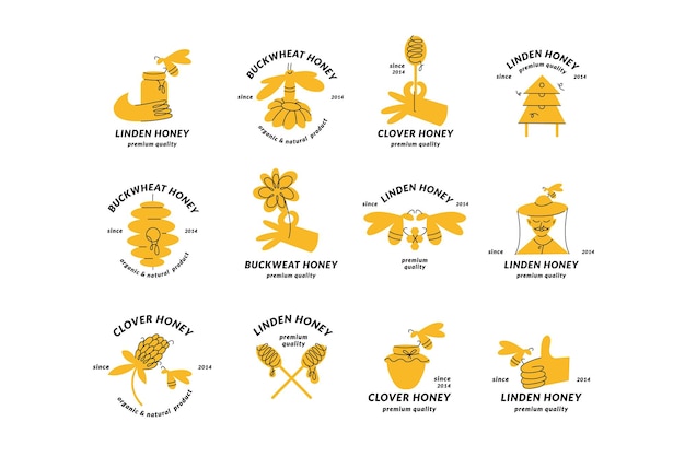 Plik wektorowy wektorowe zestawy ilustracji logo i szablony projektowe lub odznaki etykiety i etykiety miodu organicznego i ekologicznego z pszczołami styl liniowy