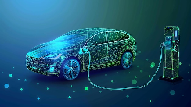 Wektorowe zielone pojazdy niebieskie wielokątne samochody elektryczne z stacją elektryczną na niebieskim tle technologicznym
