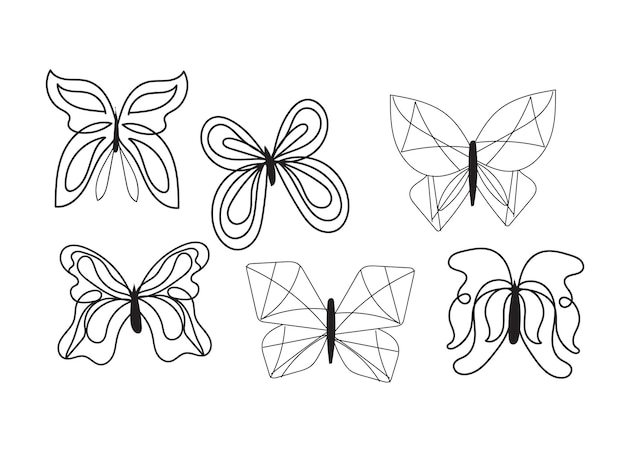 Wektorowo Narysowany Ręcznie Zestaw Konturów Motyli
