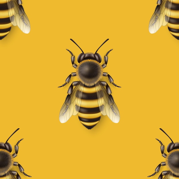 Wektorowy bezszwowy wzór z 3d realistyczną szczegółową ikoną pszczoły miodnej Closeup na żółtym tle Queen Honeybee Design Template Wektorowa ilustracja pszczół w makro Górny widok