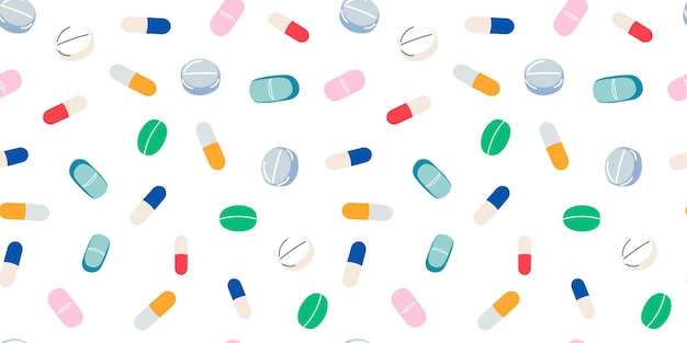 Wektorowy bezszwowy wzór z kolorowymi kapsułkami, tabletkami i lekami do drukowania formularzy medycznych