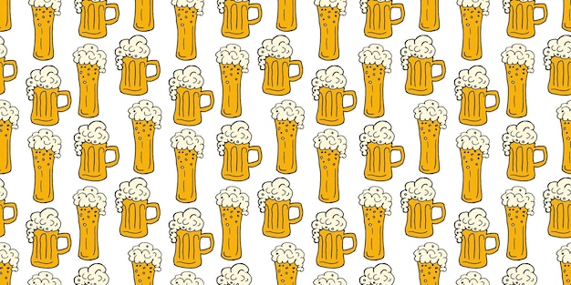 Wektorowy bezszwowy wzór z kubkami piwa piórkowego Pijanie na białym tle Lekkie piwo alkoholowe bezalkoholowe Świętowanie w barze relaks w święta