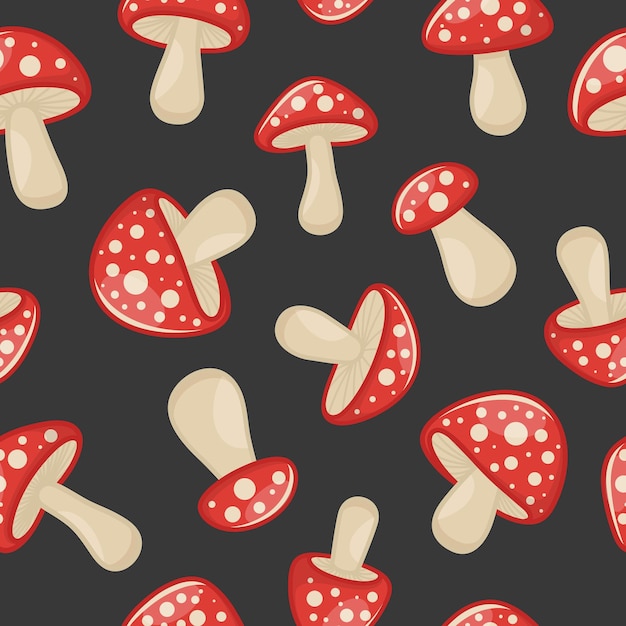 Wektorowy bezszwowy wzór z ręcznie narysowanymi grzybami kreskówkowymi na czarnym tle Amanita Muscaria Fly Agaric Ilustracja Druk z grzybami Magic Mushroom Symbol Design Template