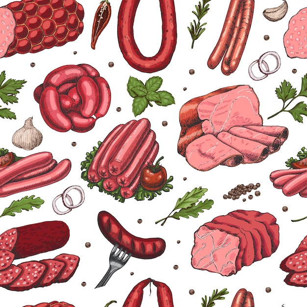 Wektorowy bezszwowy wzór z różnymi kolorów mięsnymi produktami