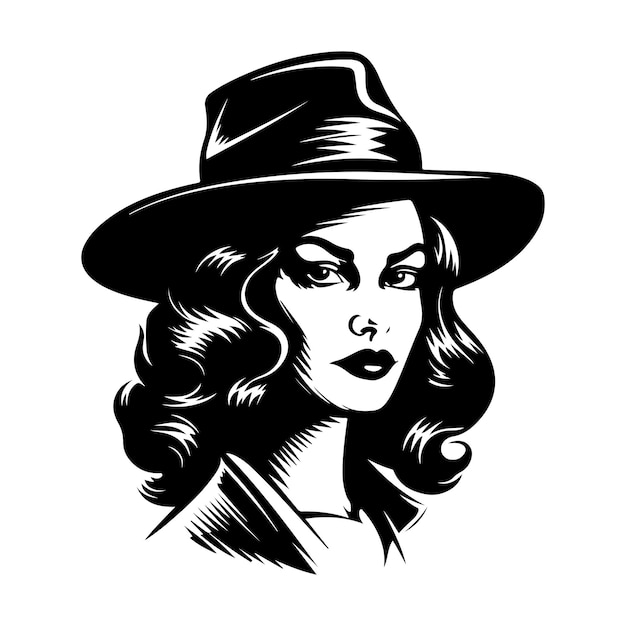 Wektorowy Film Noir Sylwetka Damy Ilustracja Dziewczyny Przestępczej Retro Portret Kobiety Mafia Starej Szkoły