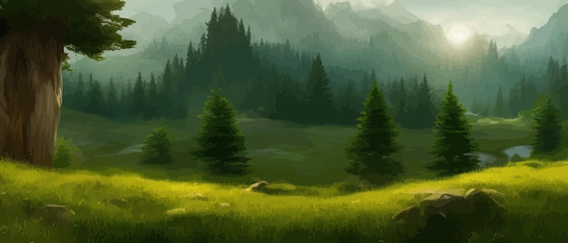 Plik wektorowy wektorowy horyzontalny krajobraz z mgłą las góry poranne światło słoneczne ilustracja widok panoramiczny