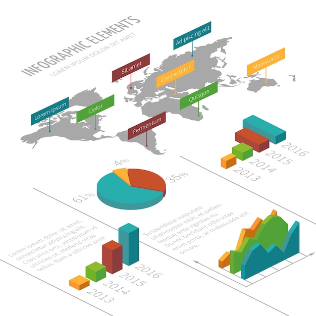 Wektorowy infographic szablon z 3D isometric elementami, światową mapą i mapami dla biznesowych presentati