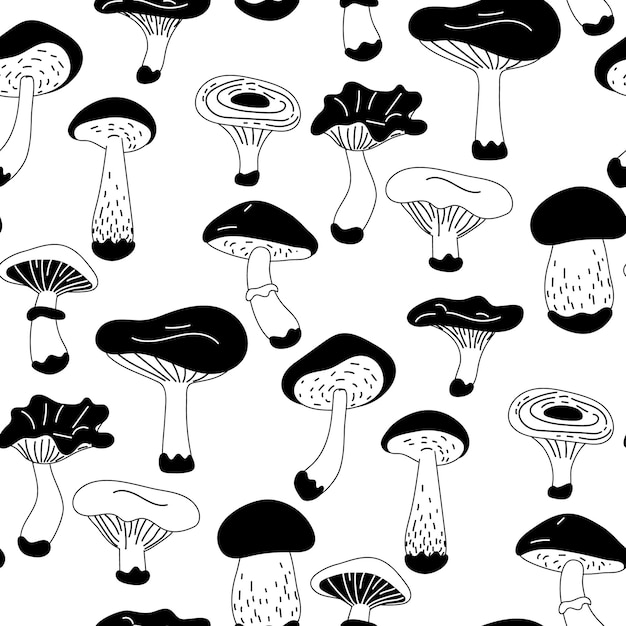 Wektorowy liniowy bezszwowy wzór z grzybami Ręcznie narysowana tekstura z ilustracją botaniczną
