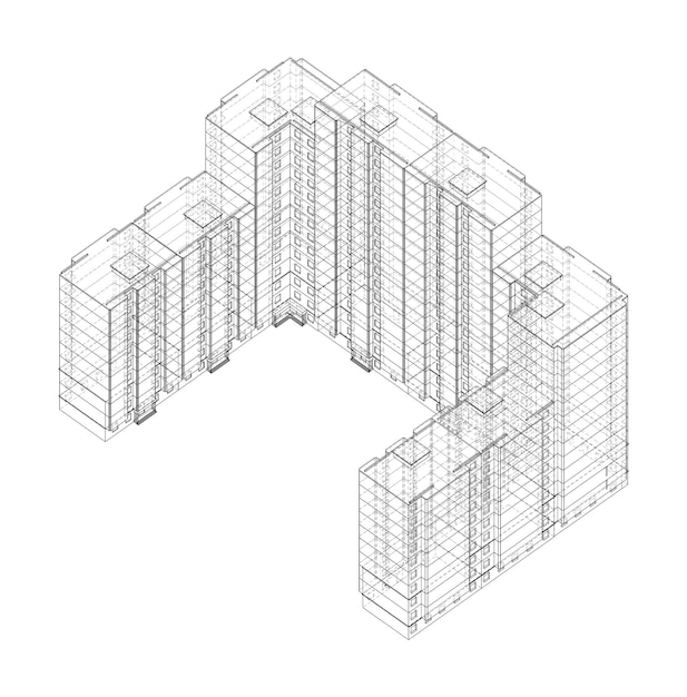 Wektorowy model szkieletowy wielokondygnacyjnego budynku mieszkalnego. Koncepcja budowy. Styl rysunku lub projektu. Wektor wykonany z modelu 3d. Ortografia lub izometryczna