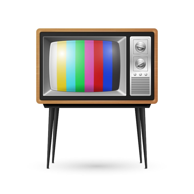 Wektor wektorowy odbiornik telewizyjny 3d z realistycznym brązowym drewnianym retro paskowym ekranem izolowany