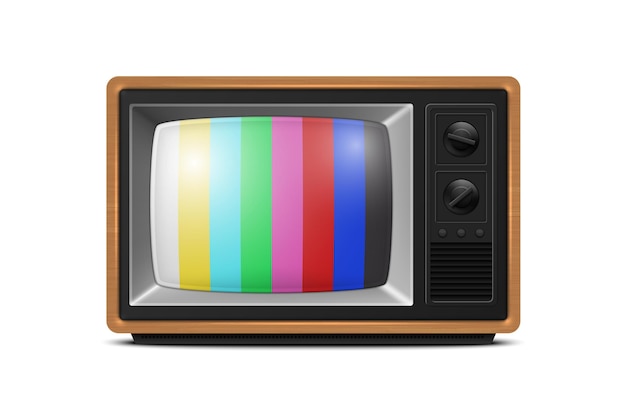 Wektorowy odbiornik telewizyjny 3D z realistycznym brązowym drewnianym retro paskowym ekranem izolowany