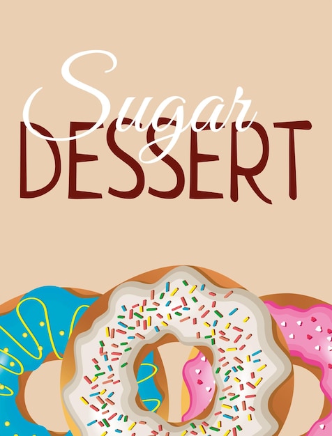 Plik wektorowy wektorowy plakat ze słodkimi pączkami w niebieskim, białym i różowym projekcie ulotki z deserem cukrowym z ciastem