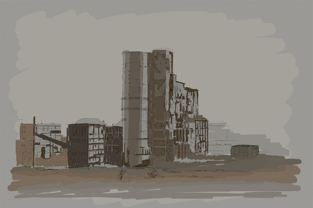 Plik wektorowy wektorowy przemysłowy krajobraz z zniszczonymi fabrycznymi budynkami.
