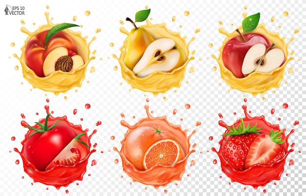 Plik wektorowy wektorowy realistyczny zestaw owoce w przezroczystym strumieniu soku brzoskwinia jabłko pomidor 3d ilustracje żywności