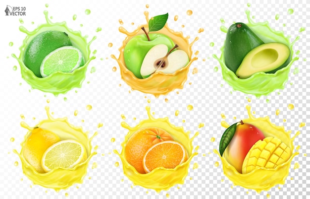 Plik wektorowy wektorowy realistyczny zestaw tropikalne owoce w przezroczystym strumieniu soku pomarańcz mango lime ilustracja 3d