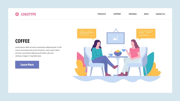 Wektorowy szablon projektowania gradientu strony internetowej Dwie dziewczyny piją kawę na przerwie obiadowej w kawiarni Koncepcje strony do tworzenia stron internetowych i mobilnych Nowoczesna ilustracja płaska