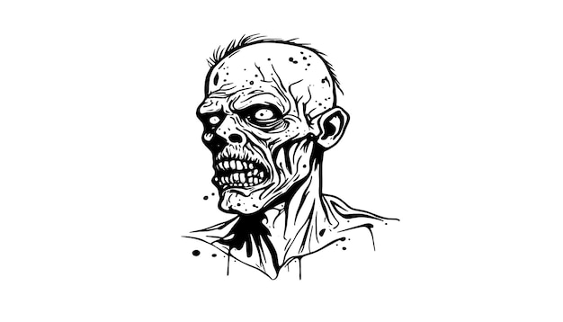 Wektorowy szkic ilustracji głowy zombie, narysowany czarnymi liniami, izolowany na białym tle, na święto Halloween