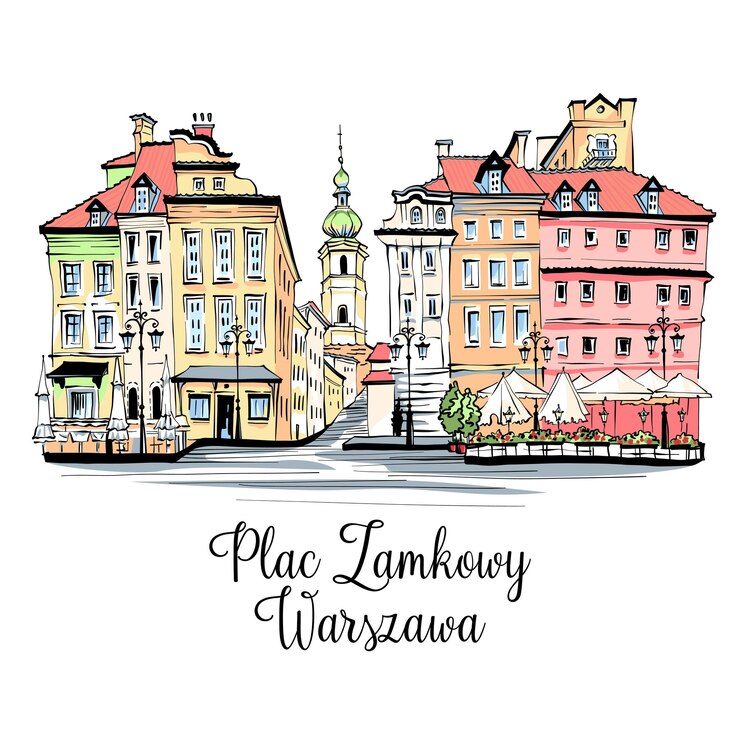 Wektor wektorowy szkic kolorowy inskrypcji na placu zamkowego w języku polskim w starym mieście warszawy w polsce