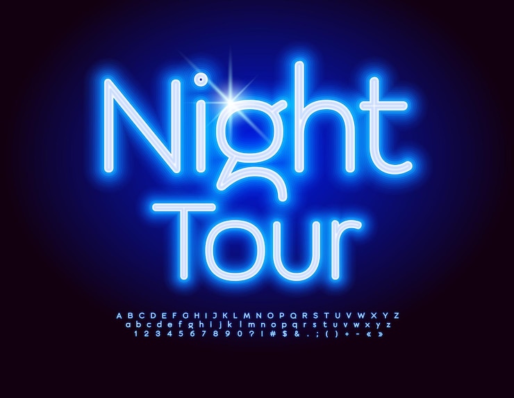 Wektor wektorowy trendy banner night tour glowing blue font cool neon alphabet letters and number set
