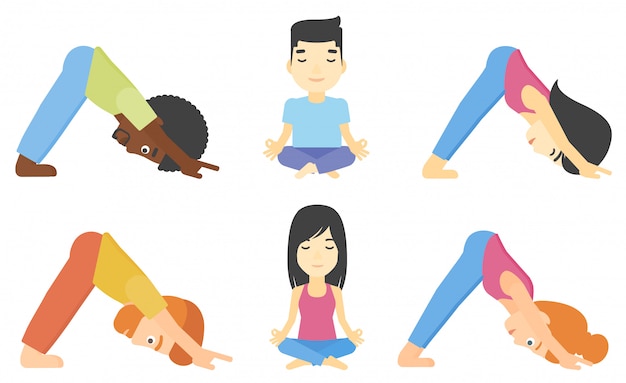 Plik wektorowy wektorowy ustawiający mężczyzna i kobiety ćwiczy joga.