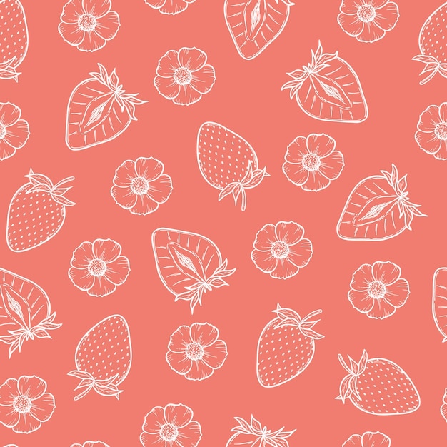Wektorowy wzór bezszwowy z truskawki truskawki ilustracja sztuki białej linii na różowym tle ręcznie narysowana ilustracji botanicznej rysunek monochromatyczny dla tła opakowania tekstylnego