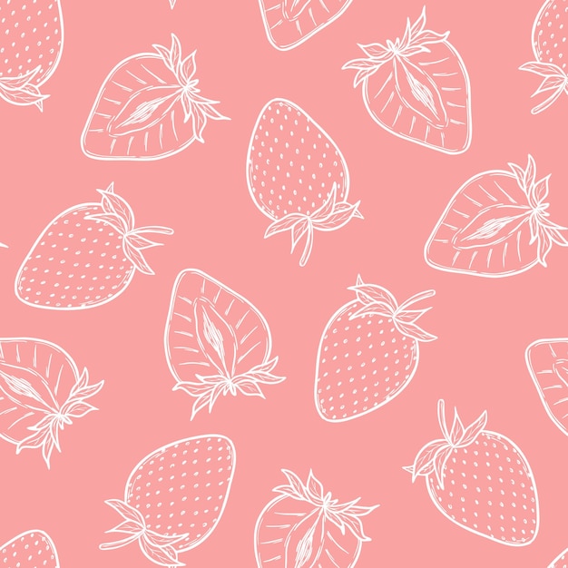 Wektorowy wzór bezszwowy z truskawki truskawki ilustracja sztuki białej linii na różowym tle ręcznie narysowana ilustracji botanicznej rysunek monochromatyczny dla tła opakowania tekstylnego
