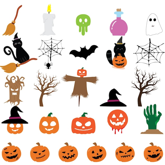 Wektorowy zestaw elementów projektowych Happy Halloween izolowany na białym tle
