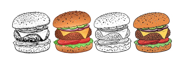 Wektorowy zestaw szkicowych ilustracji hamburgera