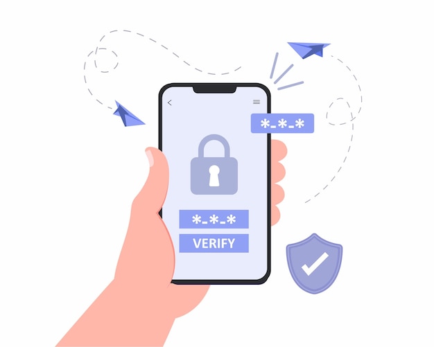 Plik wektorowy weryfikacja kodu hasła na telefonie komórkowym lub weryfikacja dwuetapowa, smartfon i zabezpieczenia.
