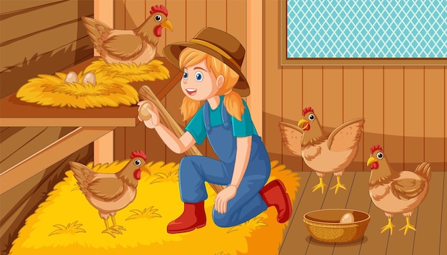 Plik wektorowy wesoła dziewczyna z farmy zbiera jajka z kurnika