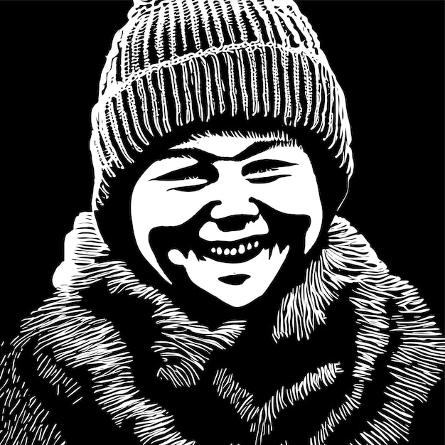 Plik wektorowy wesoła, pulchna dziewczyna w zimowej czapce, kapeluszu, ręcznie rysowana kreskówka naklejka ikona ilustracja koncepcja