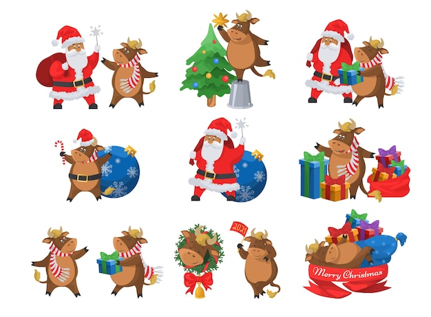Wesołe Boże Narodzenie Zestaw Płaski Wektor Izolowany Ilustracja Szczęśliwy święty Mikołaj I Uroczy Woł Chiński Zodiak 2021 Znak Z Prezentami Drzewo Bożego Narodzenia Kula Wieniec Dzwonek Szczęśliwe świętowanie Nowego Roku