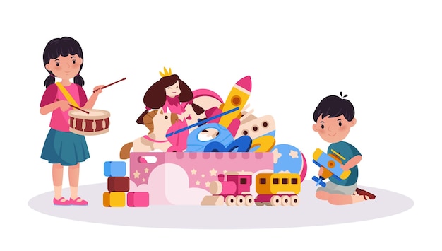 Wesołe Dzieci Bawiące Się Razem Zabawkami Pudełko Pełne Zabawek W Postaci Lalki, Statku Rakietowego I Piłki