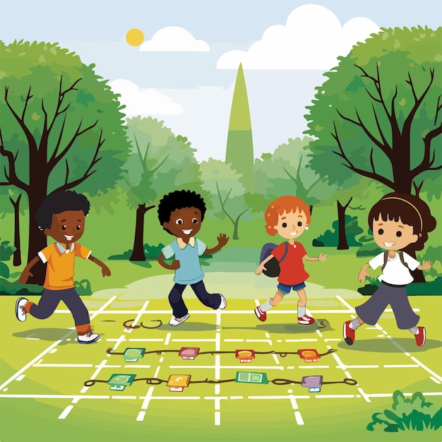 Wesołe dzieci bawiące się w hopscotch w tętniącym życiem parku EPS Vector Format