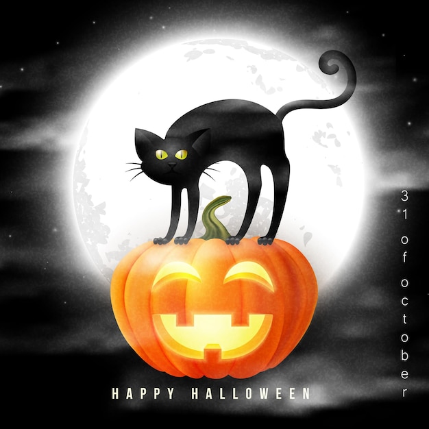 Wesołego Halloween 3d Realistyczna Przerażająca Latarnia Jack I Czarny Kot Z Tłem Nocy Pełni Księżyca