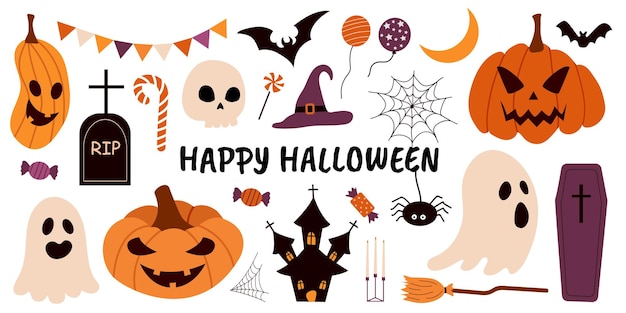 Wesołego Halloween Elementy wektora Halloween dynie duchy zamek grób trumna miotła cukierki