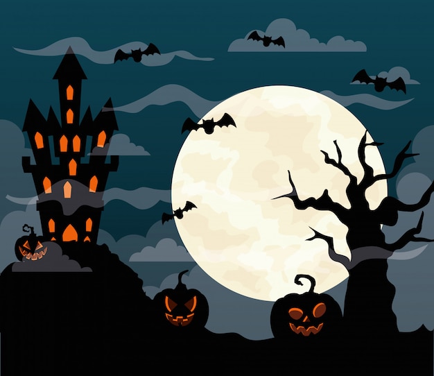 Wesołego Halloween Ilustracji Z Nawiedzonym Zamkiem, Dyniami, Latającymi Nietoperzami, Suchym Drzewem I Księżycem W Pełni