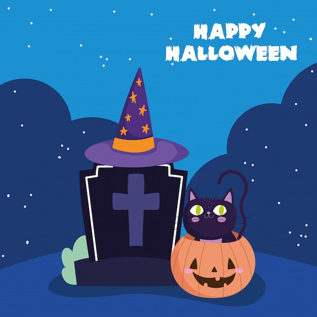 Wesołego Halloween, Kot Nagrobek W Nocnym Kapeluszu Dyniowym Trick Or Treat Party Celebracja Ilustracja