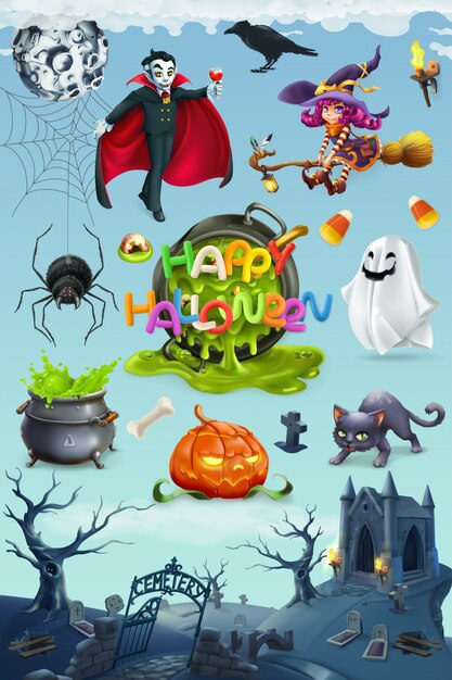 Wesołego Halloween. Krajobraz dyni, pająka, kota, czarownicy, wampira i cmentarza