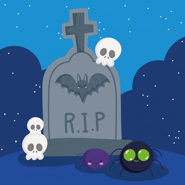 Wesołego Halloween, Nagrobek Pająki Czaszki Nocna Sztuczka Lub Traktuj Ilustrację Uroczystości