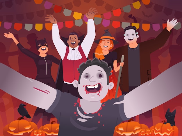 Wesołego Halloween. Selfie Ludzi Przebranych W Przerażające Kostiumy I świętujących święta. Impreza Halloween'owa. Ilustracja W Stylu Płaski.