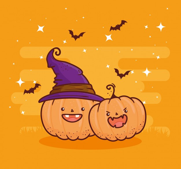 Wesołego Halloween, Słodkie Dynie Z Kapeluszową Czarownicą I Nietoperzami Latające Wektor Ilustracja Projekt