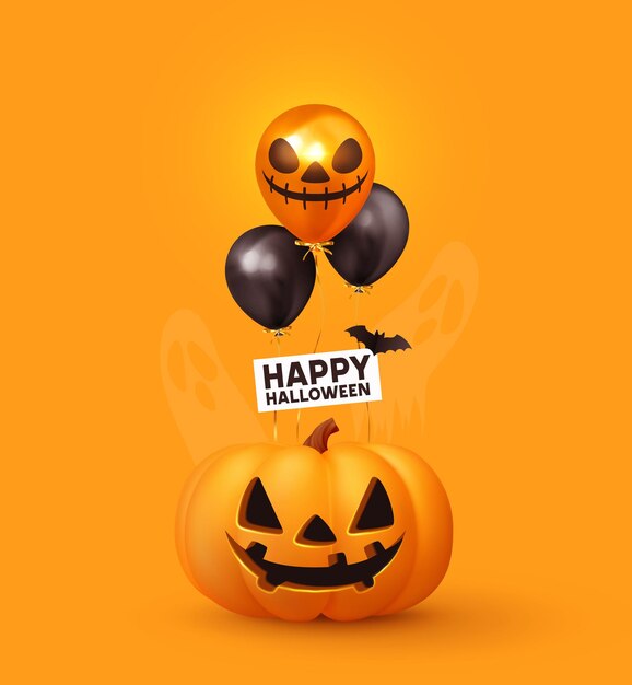 Wesołego Halloween. Świąteczne tło z realistycznymi pomarańczowymi dyniami 3D z wyciętym strasznym uśmiechem, balonami z helem i latającymi nietoperzami. Plakat świąteczny, ulotka, broszura i okładka szablonu. Ilustracja wektorowa